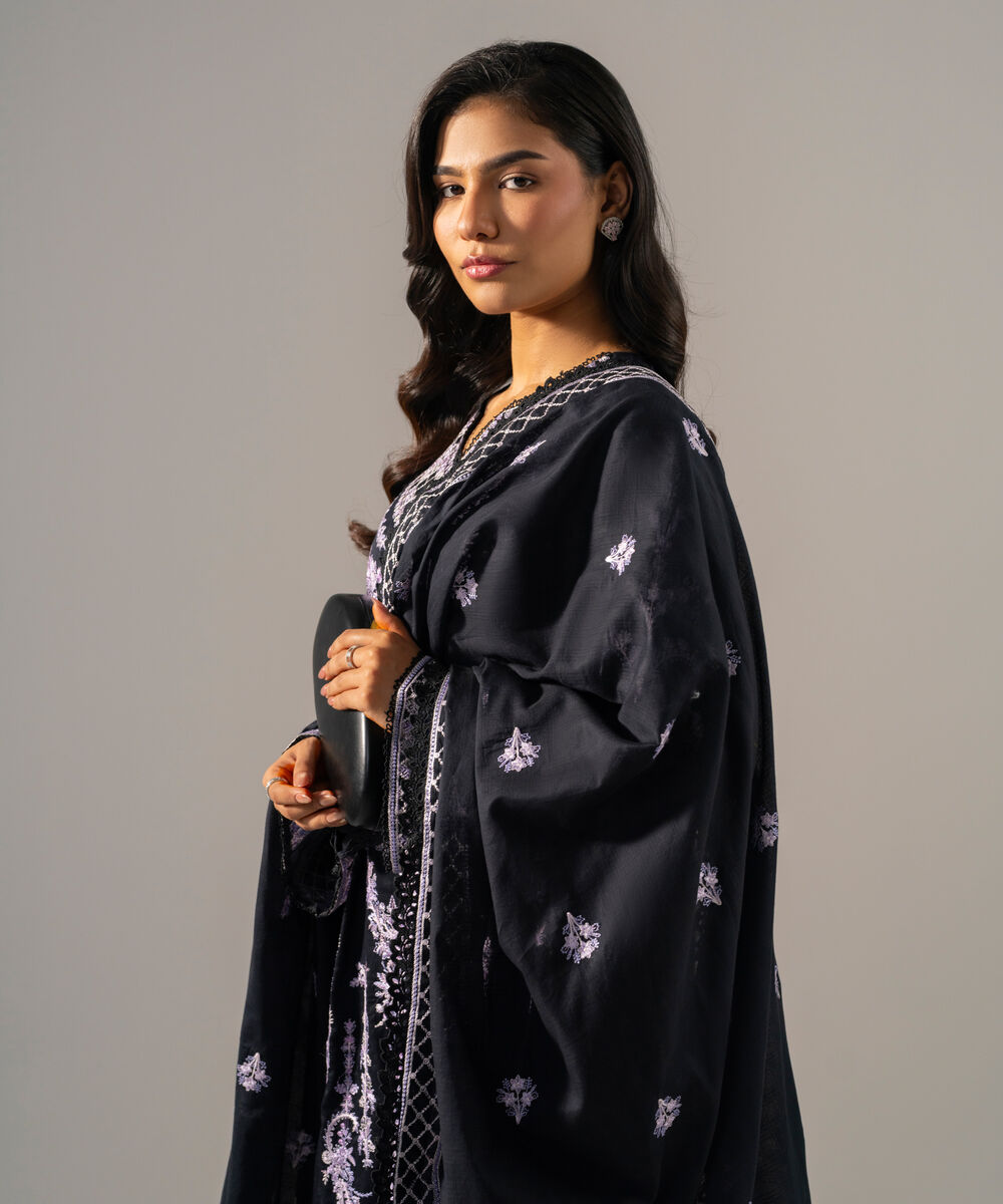 Women's RTW Cotton Satin Solid Embroidered Black 3 Piece Suit