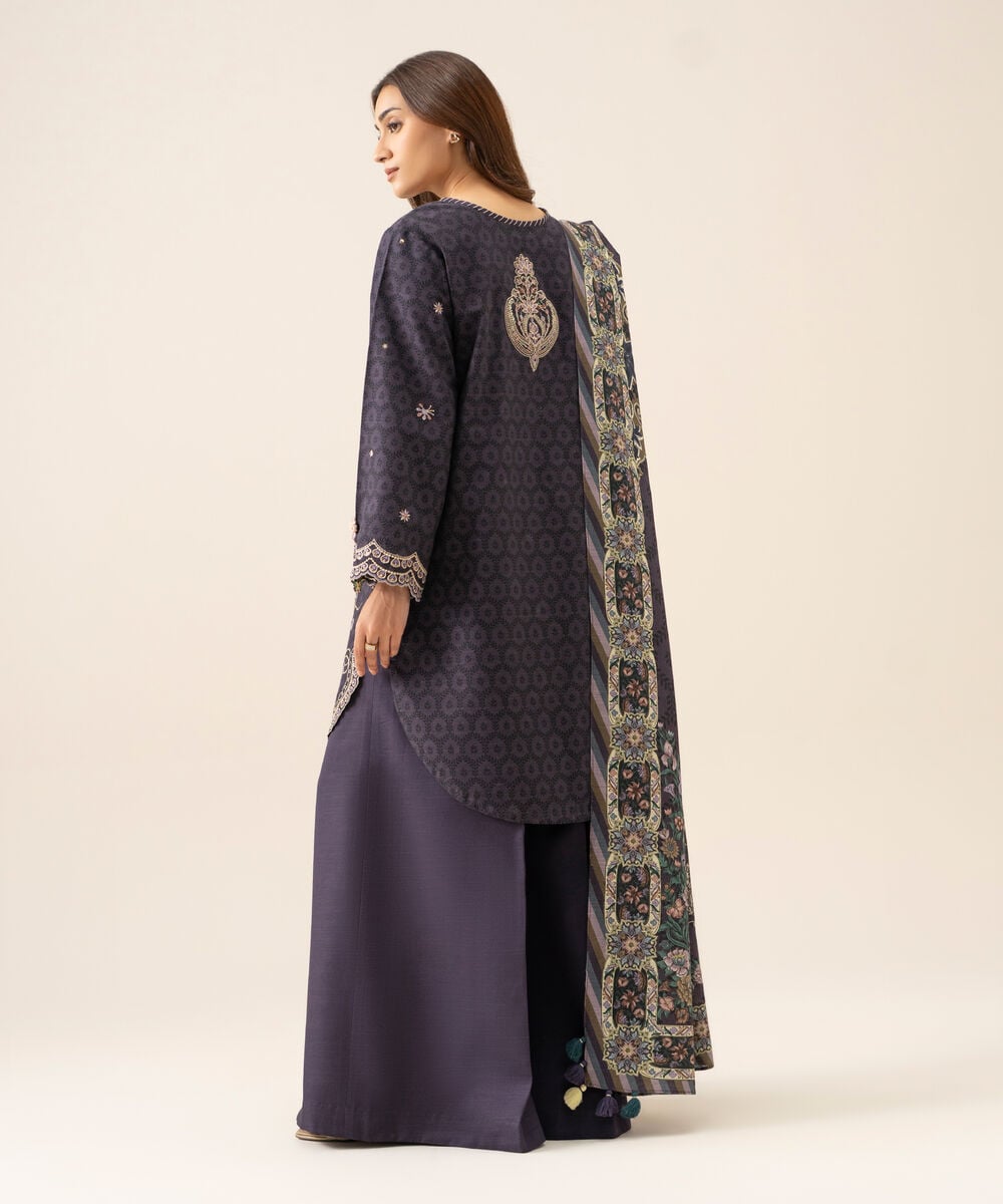 Women's Unstitched Light Khaddar Embroidered Blue 3 Piece Suit