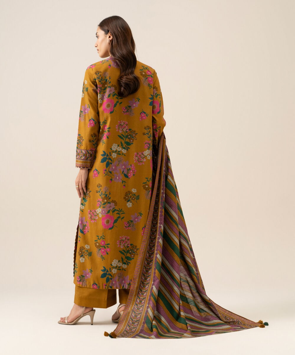 Women's Unstitched Premium Khaddar Printed Mustard 3 Piece Suit