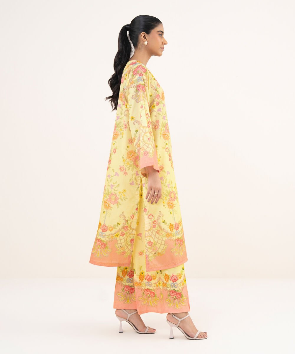 Women's RTW Blended Satin Yellow Printed A-Line 2 Piece Suit