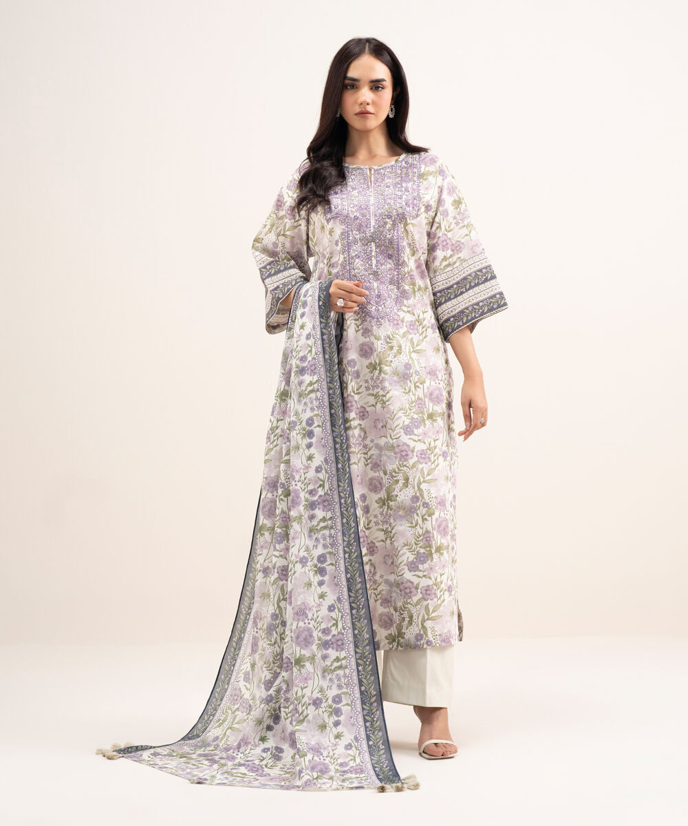 Women's Unstitched Lawn Embroidered Purple 3 Piece Suit