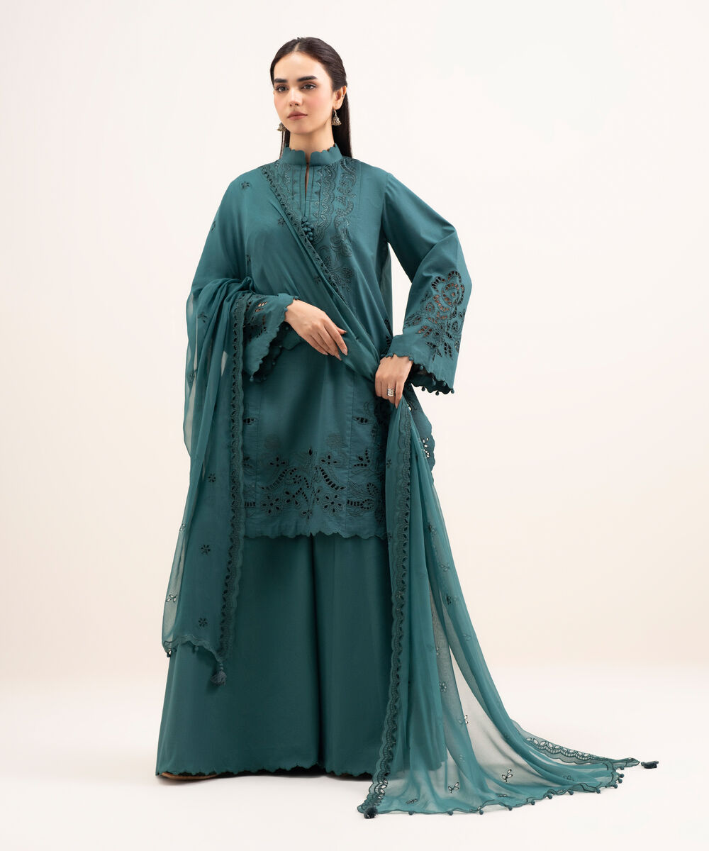 Women's Unstitched Textured Lawn Embroidered Green 3 Piece Suit