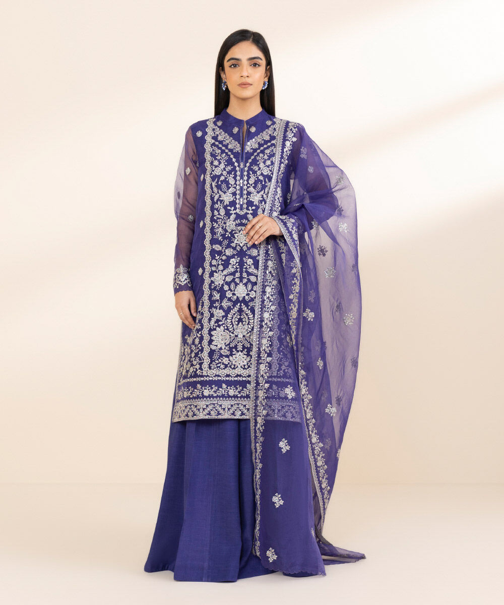 Women's Unstitched Blue Blended Organza, Organza 3 Piece Suit