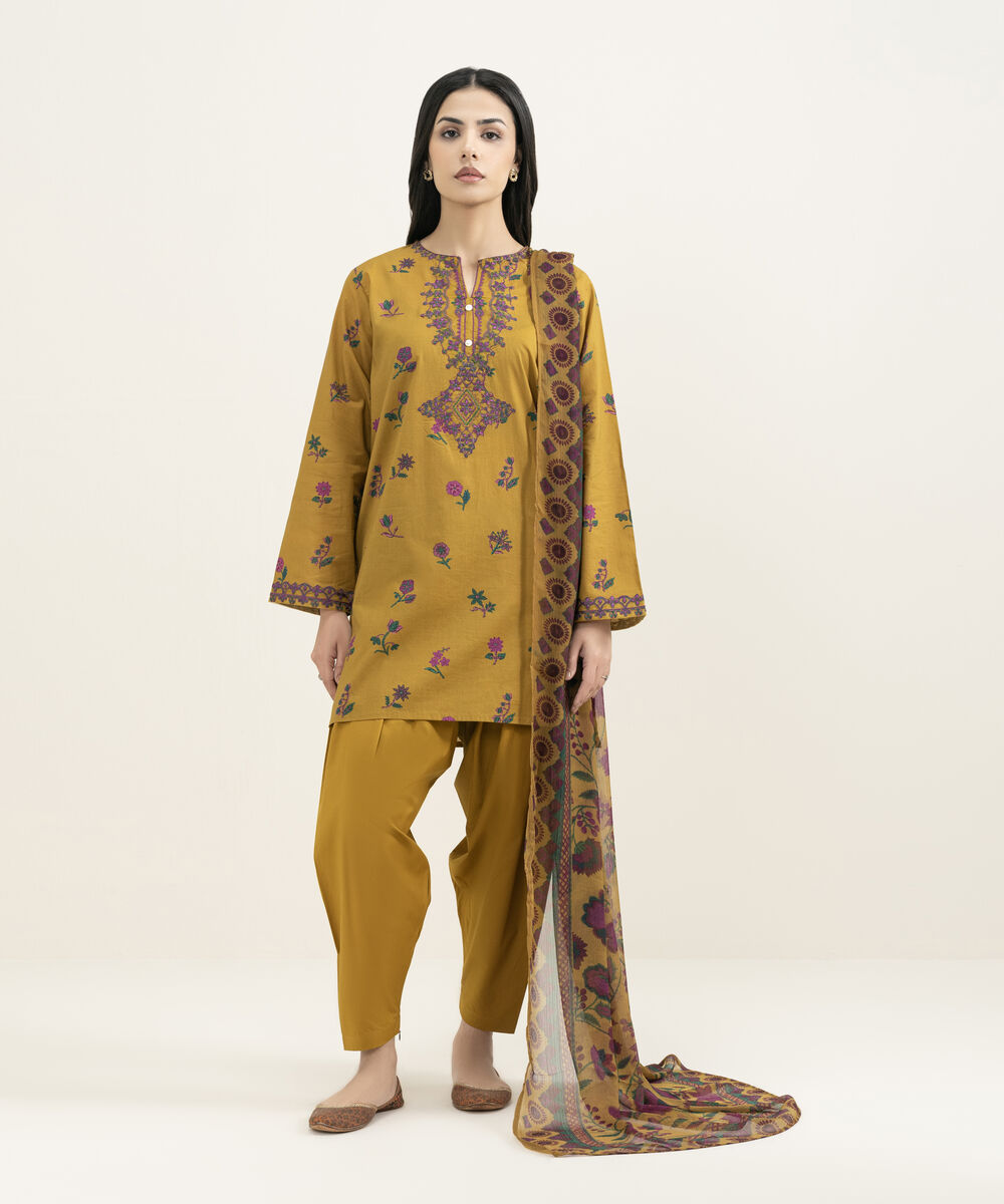 Women's RTW Slub Lawn Embroidered Yellow Straight Shirt