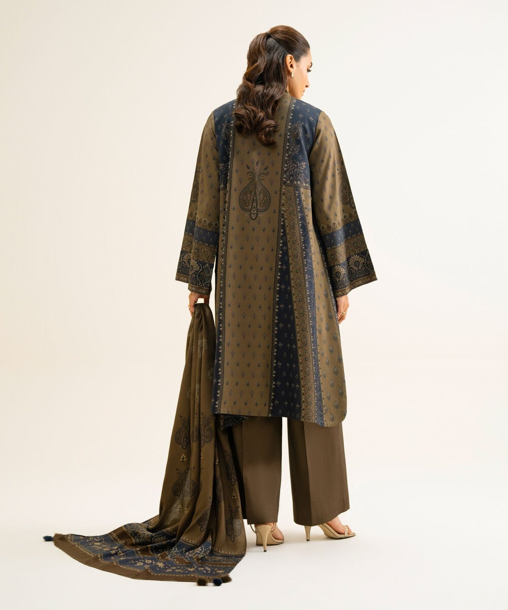 Women's Unstitched Viscose Linen Printed Brown 3 Piece Suit