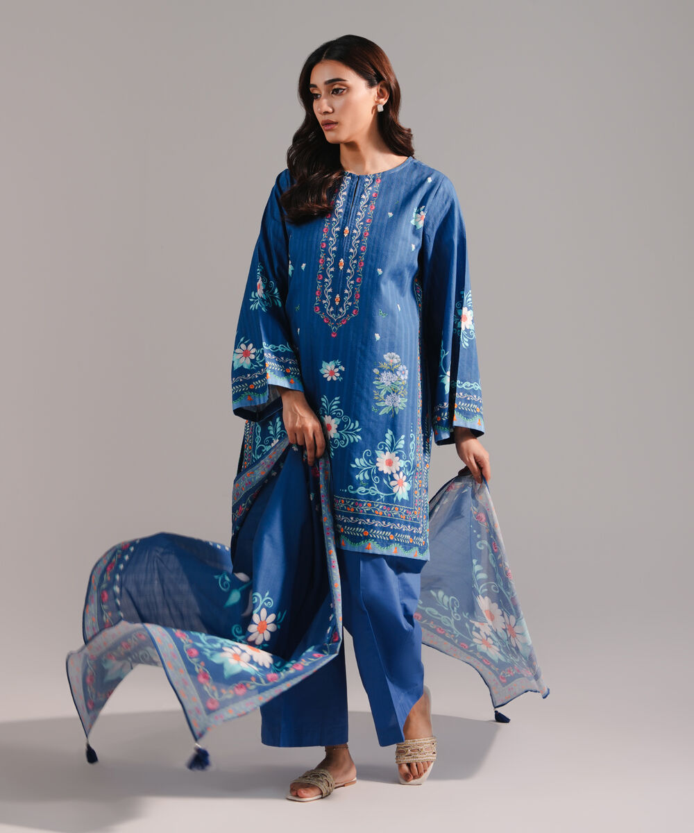 Women's RTW Dobby Printed Dark Blue 3 Piece Suit