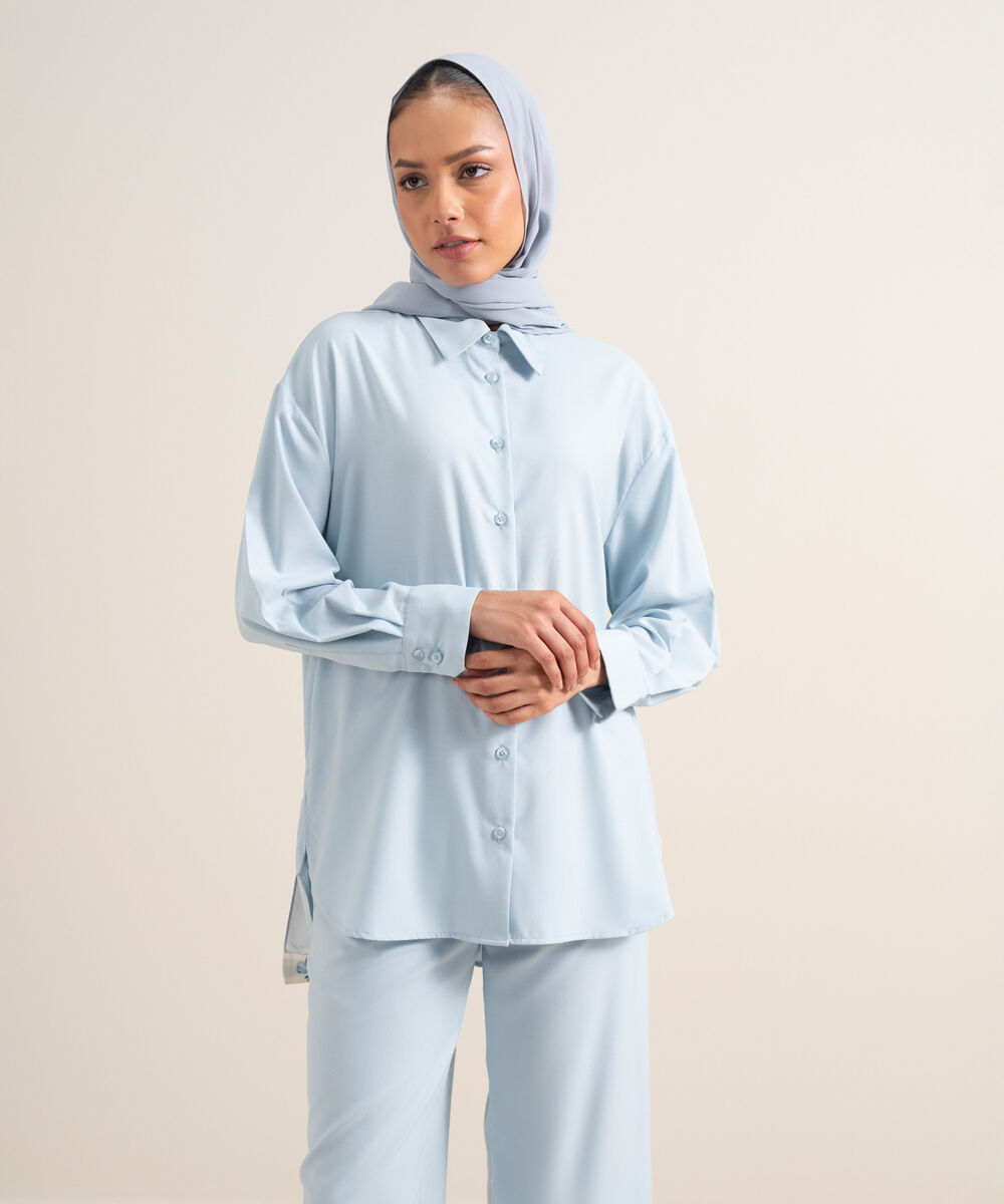 Women's Sky Blue Viscose Button Down