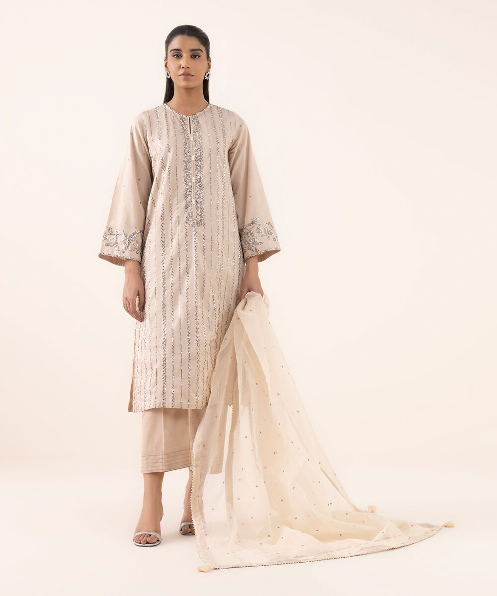 Women's RTW Cotton Jacquard Beige Embroidered A-Line Shirt