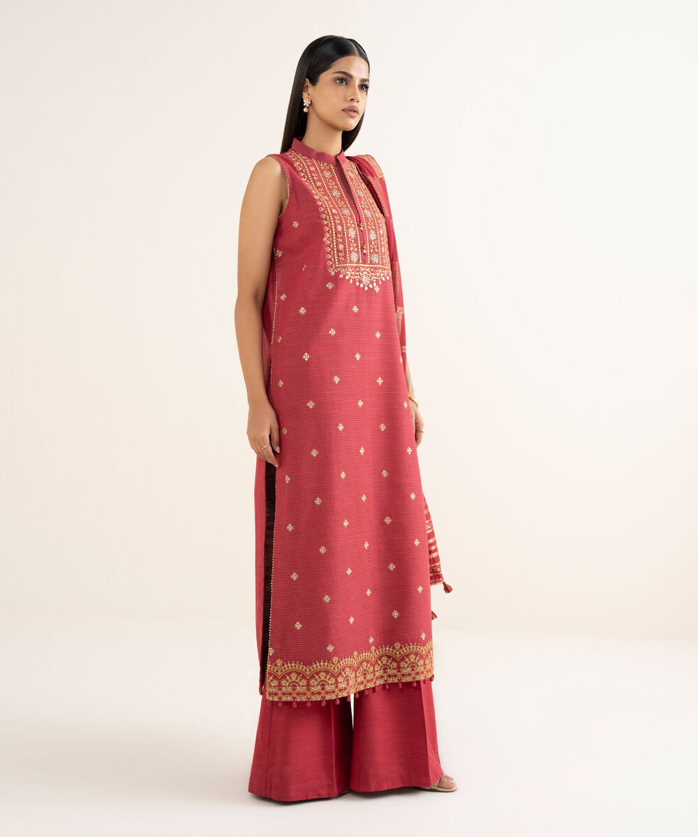 Women's Unstitched Embroidered Zari Khaddar Maroon 3 Piece Suit