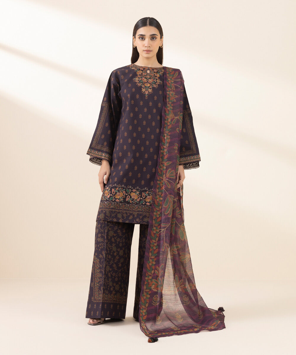 Unstitched Women's Embroidered Lawn Purple Three Piece Suit