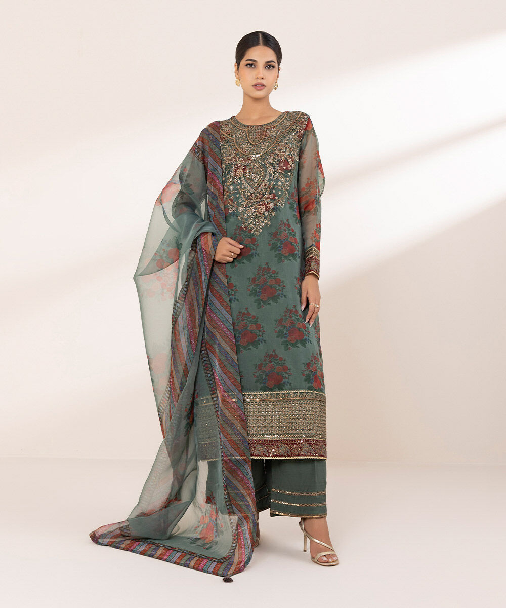 Women's RTW Blended Organza Green Embroidered Three Piece Suit