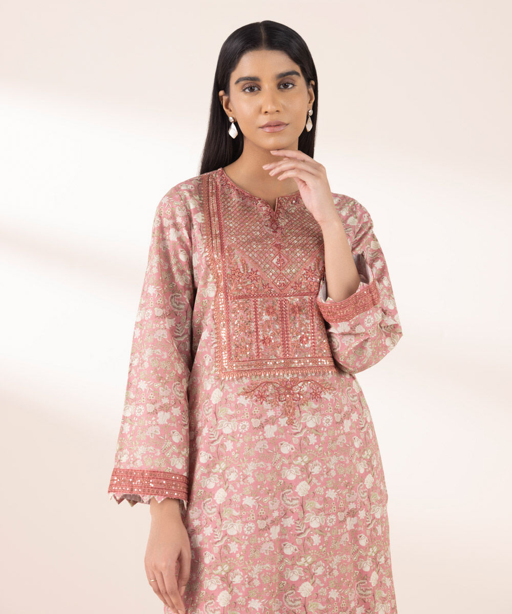 Women's RTW Textured Lawn Pink Embroidered A-Line Shirt