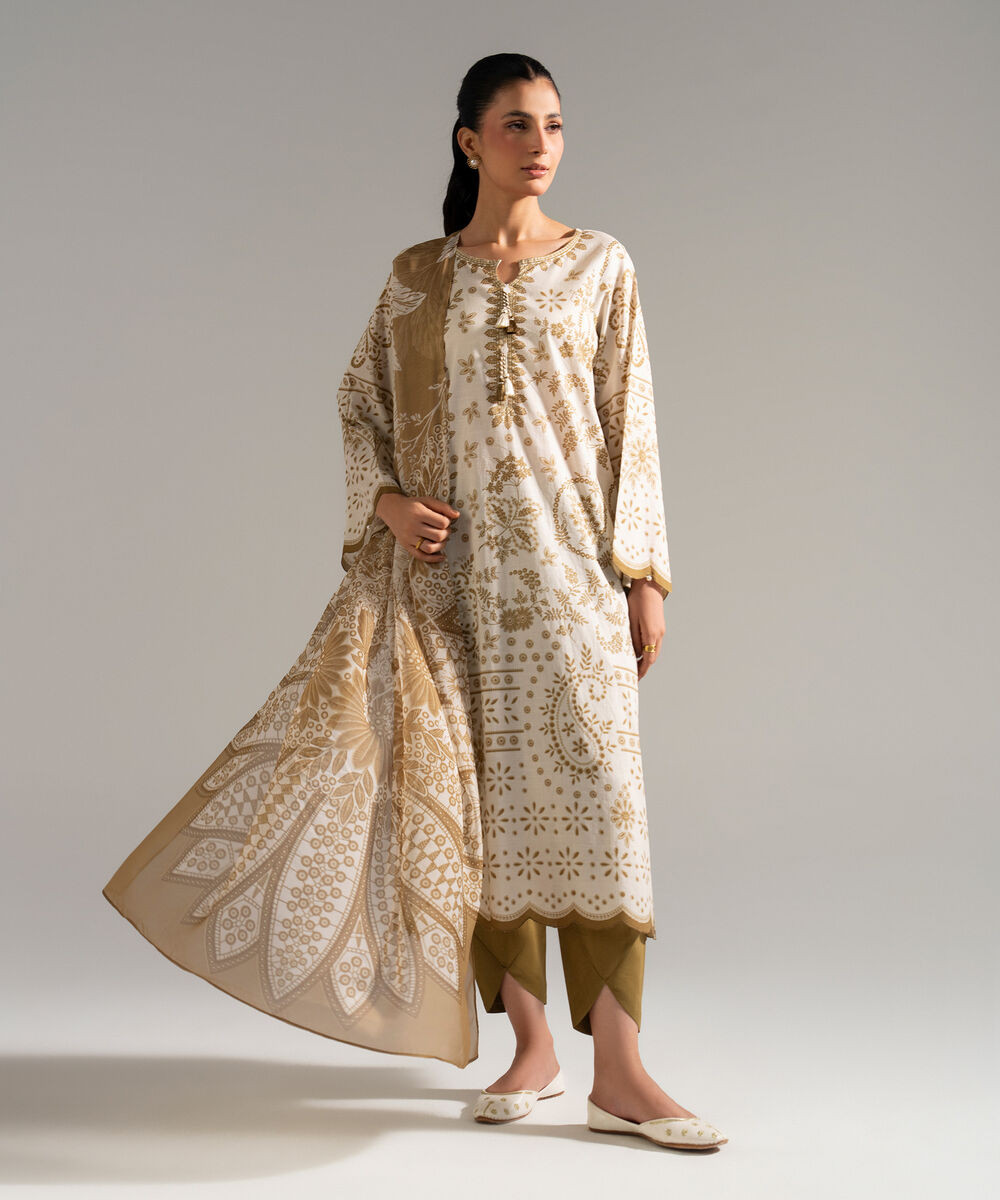 Women's RTW Slub Lawn Printed Off White 3 Piece Suit