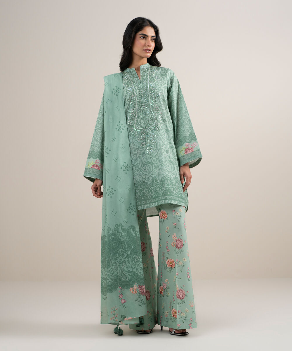 Women's Unstitched Lawn Embroidered Aqua Green 3 Piece Suit