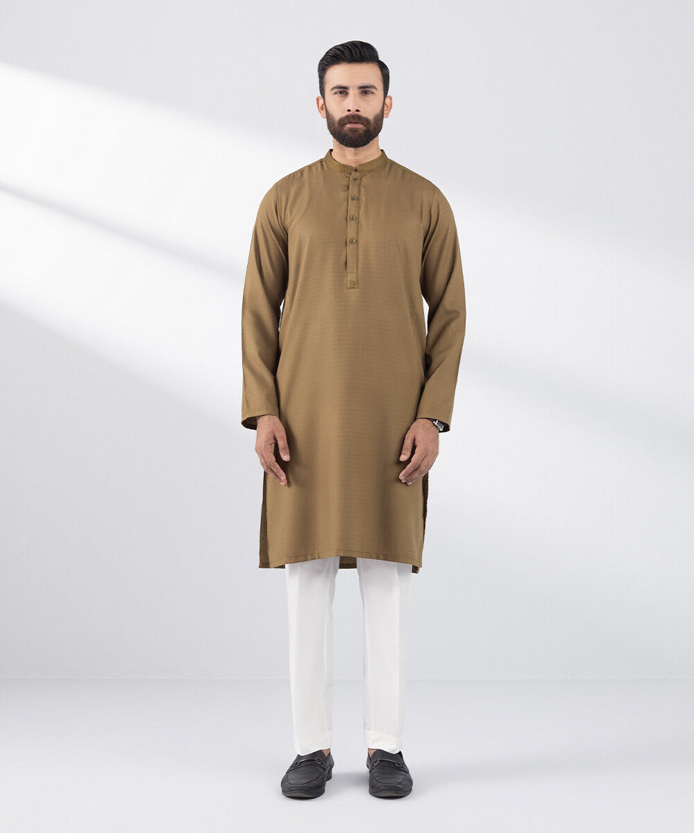 Men's Stitched Kurta Brown Embroidered Jacquard Kurta