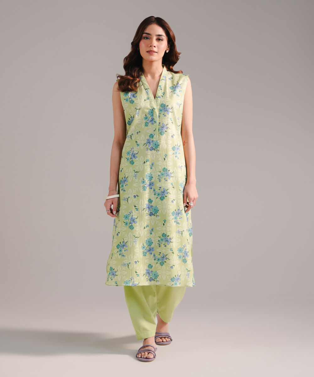 Women's RTW Seersucker Printed Green 2 Piece Suit