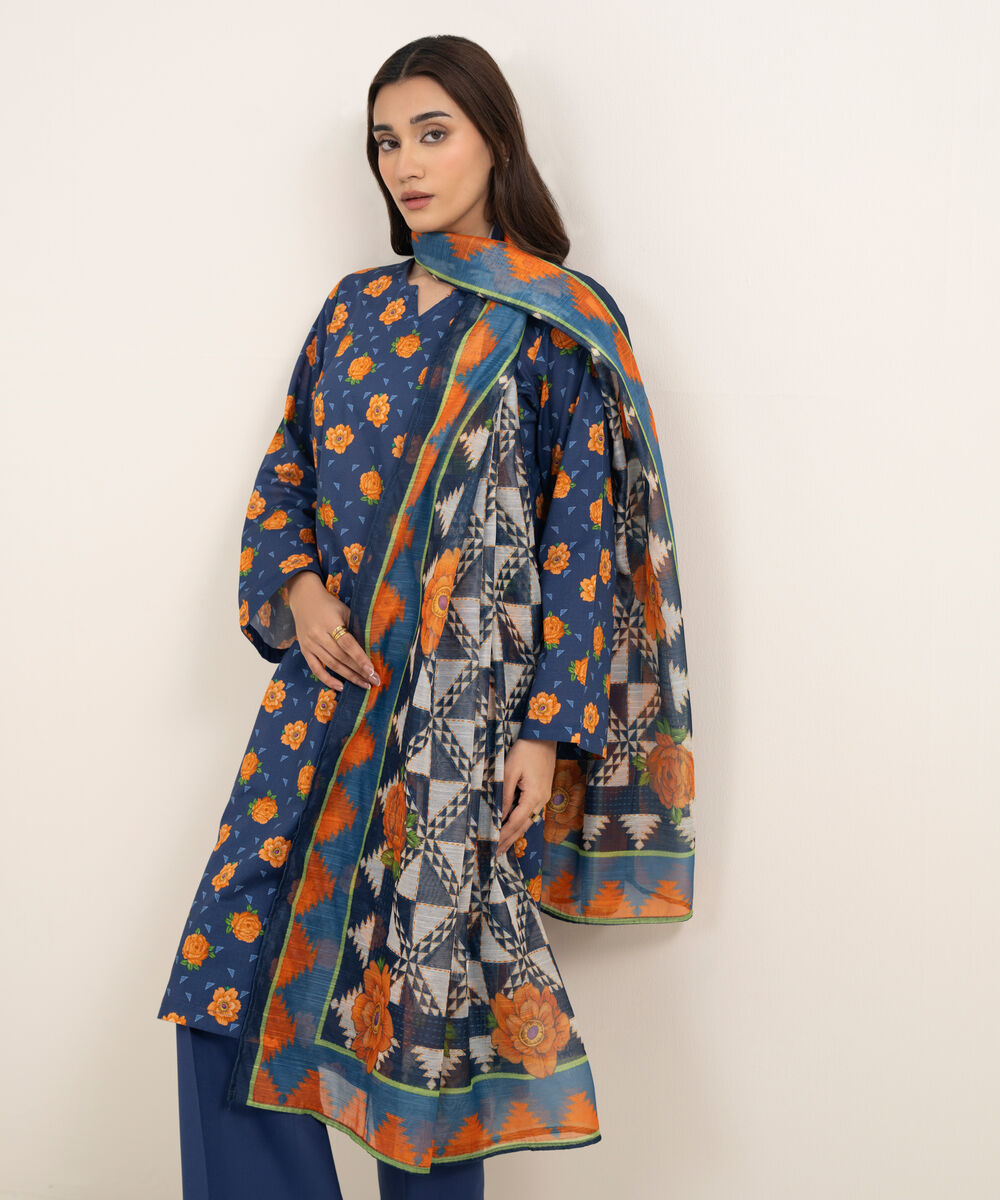 Women's RTW Slub Lawn Printed Dark Blue 3 Piece Suit