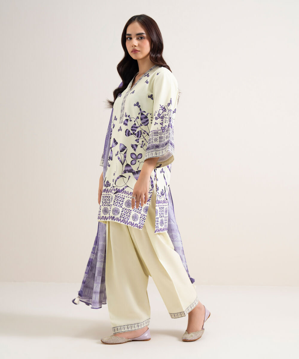 Women's Unstitched Cotton Printed Off White  3 Piece Suit