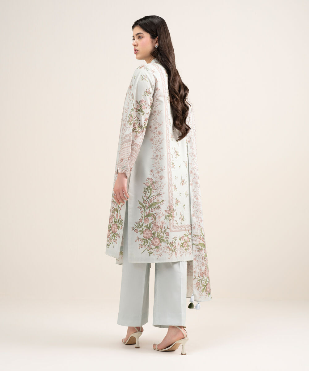 Women's Unstitched Zari Lawn Printed Blue 3 Piece Suit