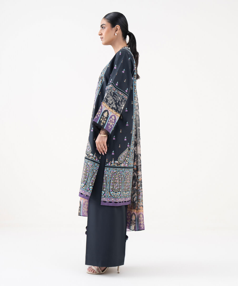 Women's Unstitched Cotton Printed Blue 3 Piece Suit