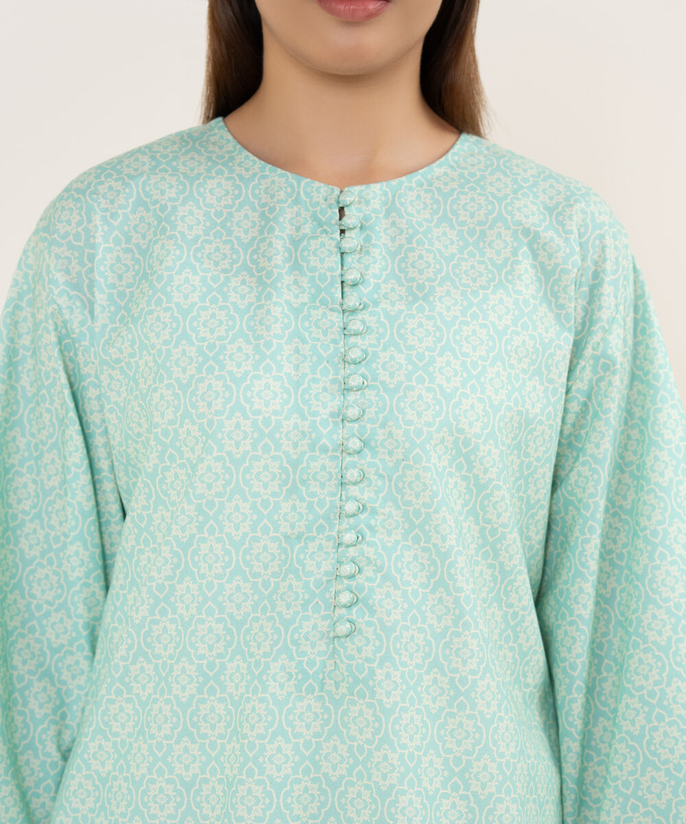 Women's Unstitched Cotton Printed Aqua 2 Piece Suit