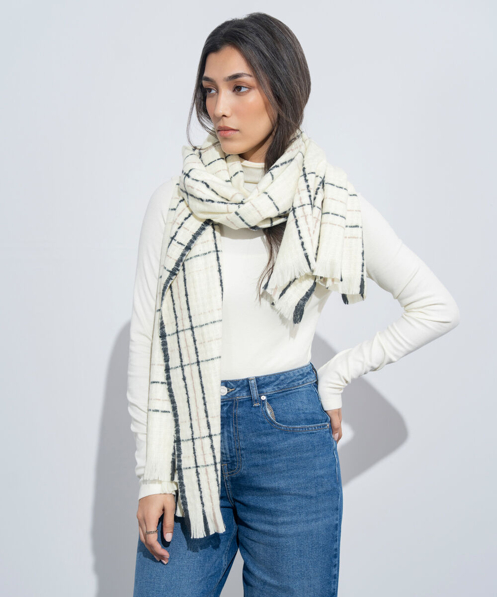 Women's Western Wear Off White & Black Plaid Woollen Scarf