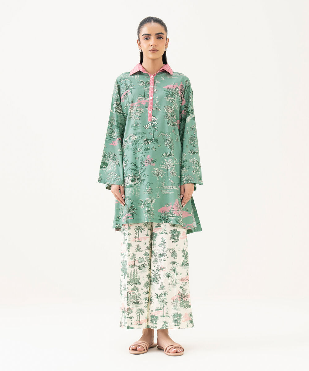 Women's RTW Lawn Printed Green Drop Shoulder Shirt