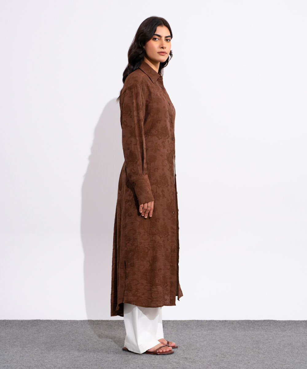 Women's Brown Textured Button Through Dress