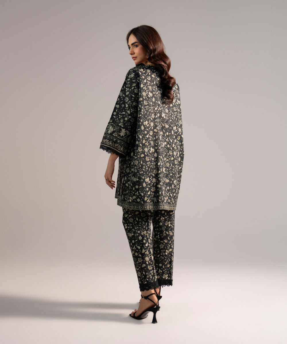 Women's RTW Lawn Embroidered Black Drop Shoulder Shirt
