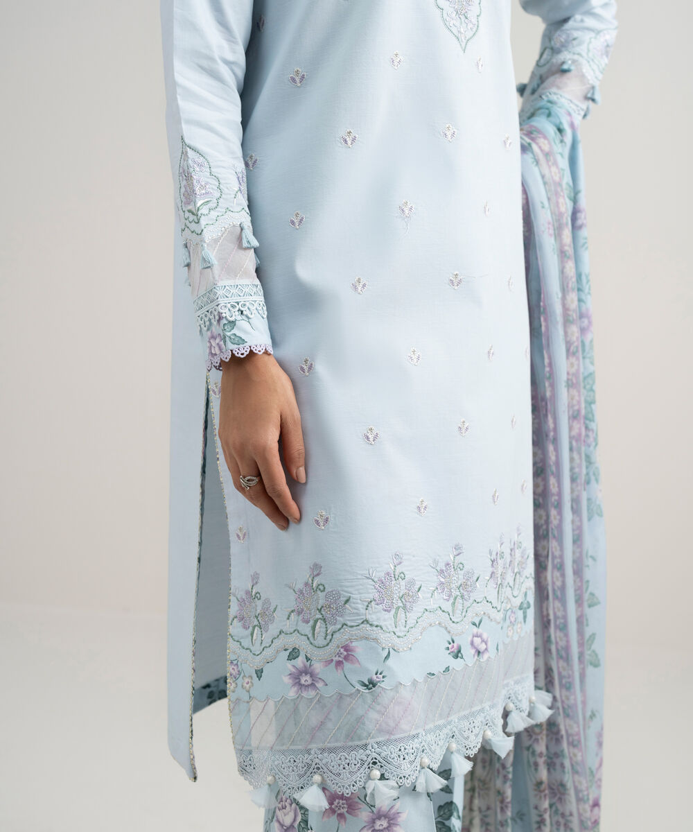 Women's Unstitched Textured Lawn Embroidered Blue 3 Piece Suit