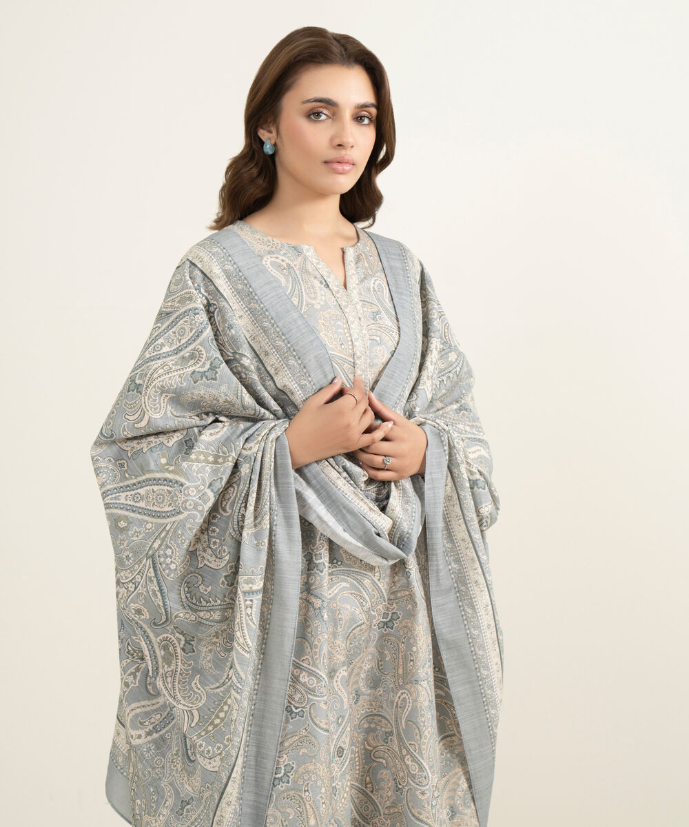 Women's Three Piece Grey Khaddar Printed Suit