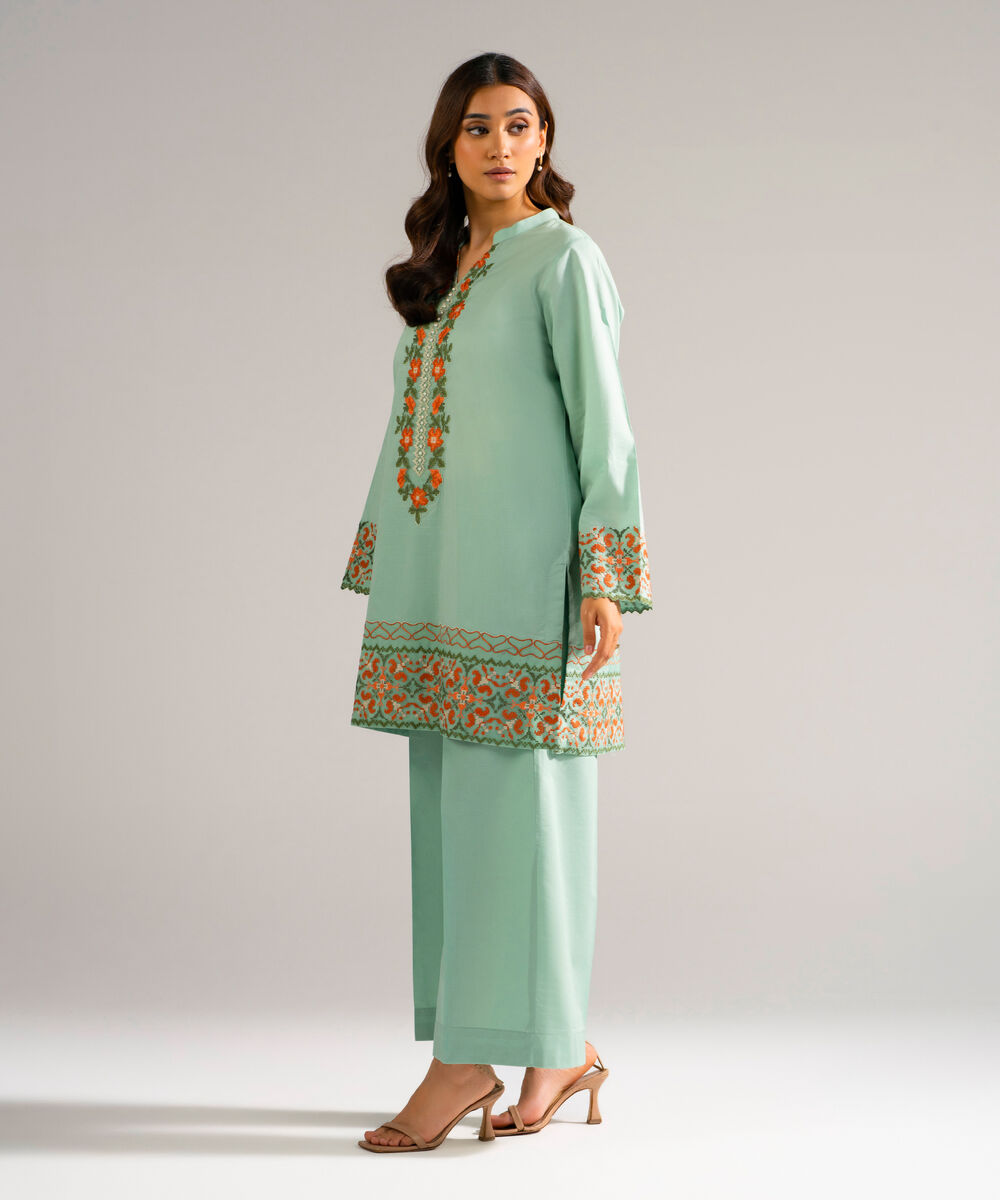 Women's RTW Slub Lawn Embroidered Green Straight Shirt