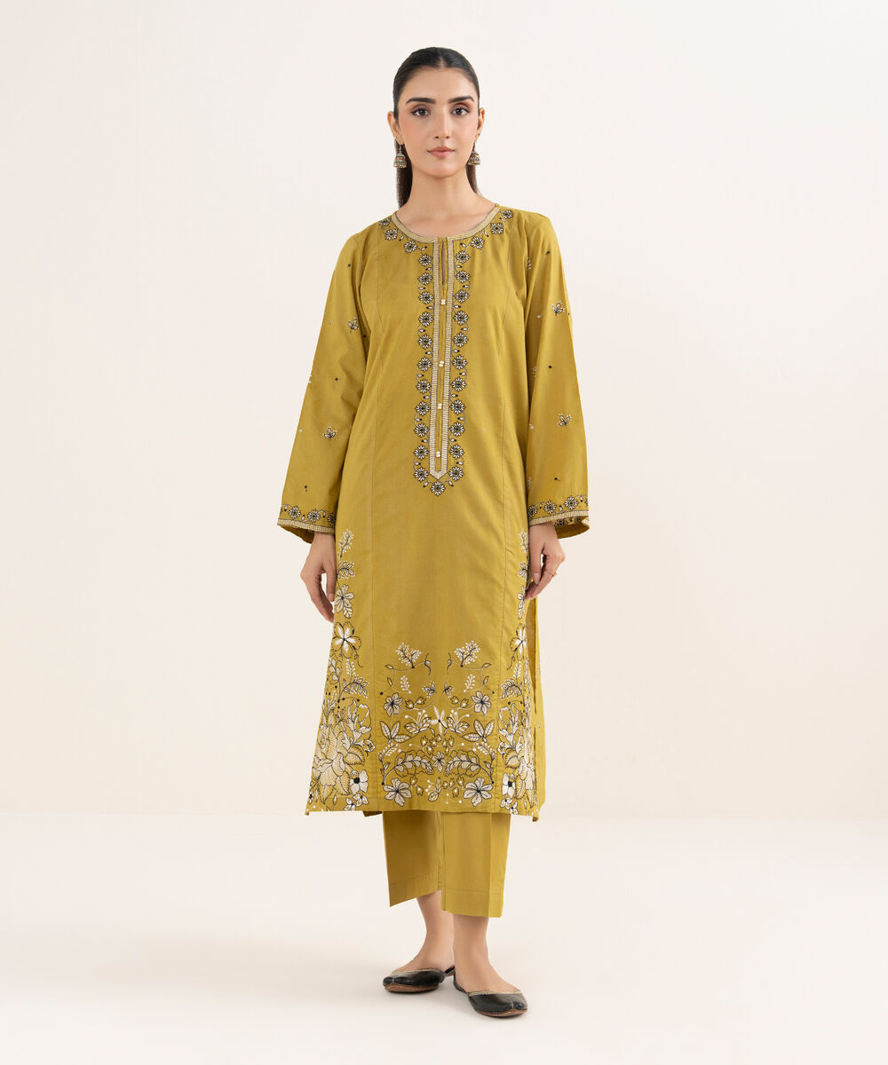 Women's RTW Self Jacquard Leno Embroidered Yellow A-Line Shirt