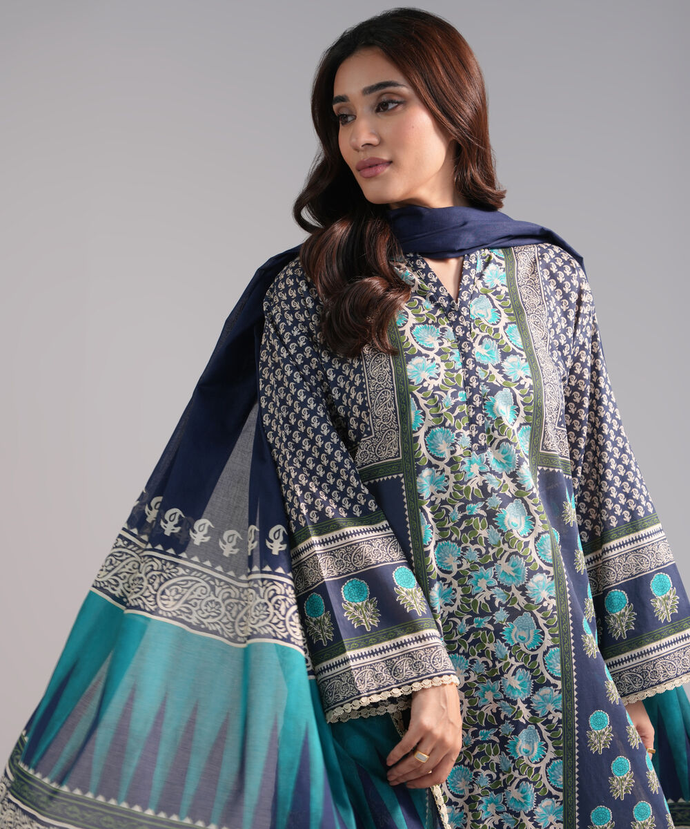 Women's RTW Lawn Printed Dark Blue 3 Piece Suit