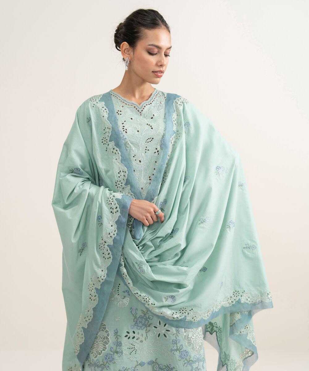 Women's Unstitched Slub Lawn Embroidered Sky Blue 3 Piece Suit