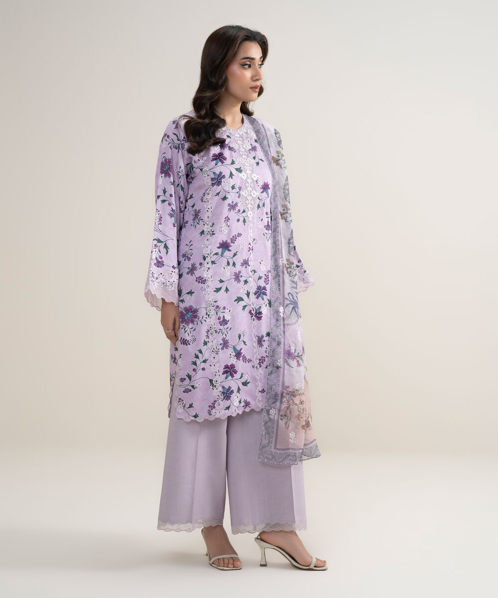 Women's Unstitched Viscose Satin Embroidered Purple 3 Piece Suit