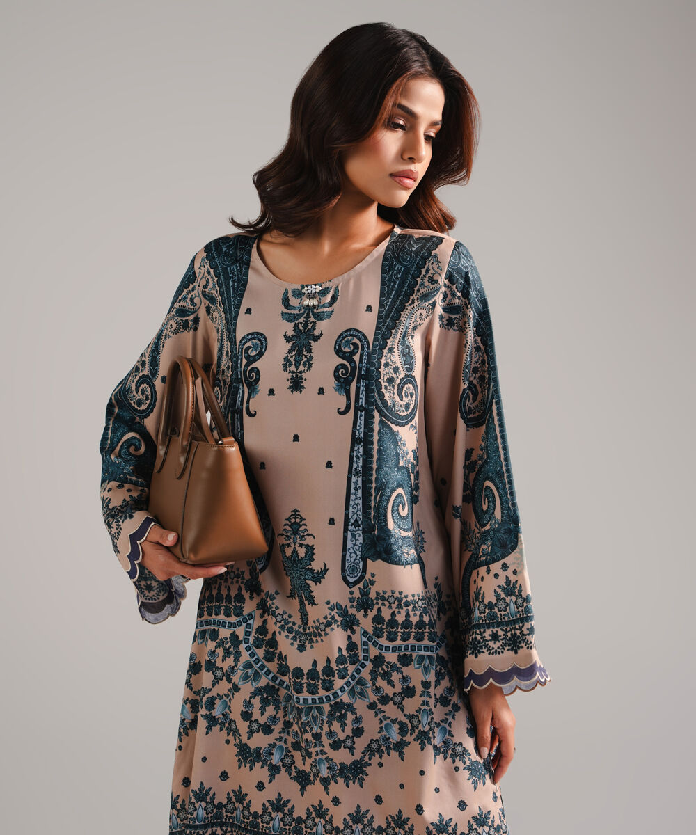 Women's RTW Satin Viscose Embroidered Beige 2 Piece Suit