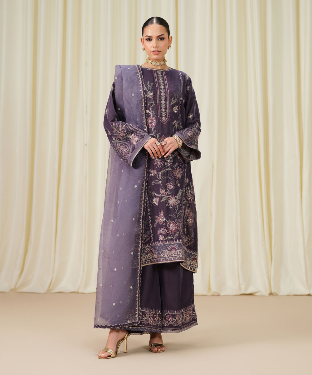 Women's Unstitched Embroidered Velvet Purple 3 Piece Suit
