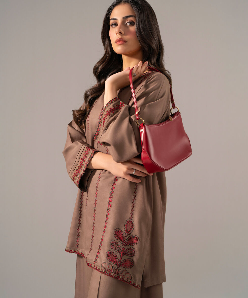 Women's RTW Bedford Solid Embroidered Dark Beige Straight Shirt