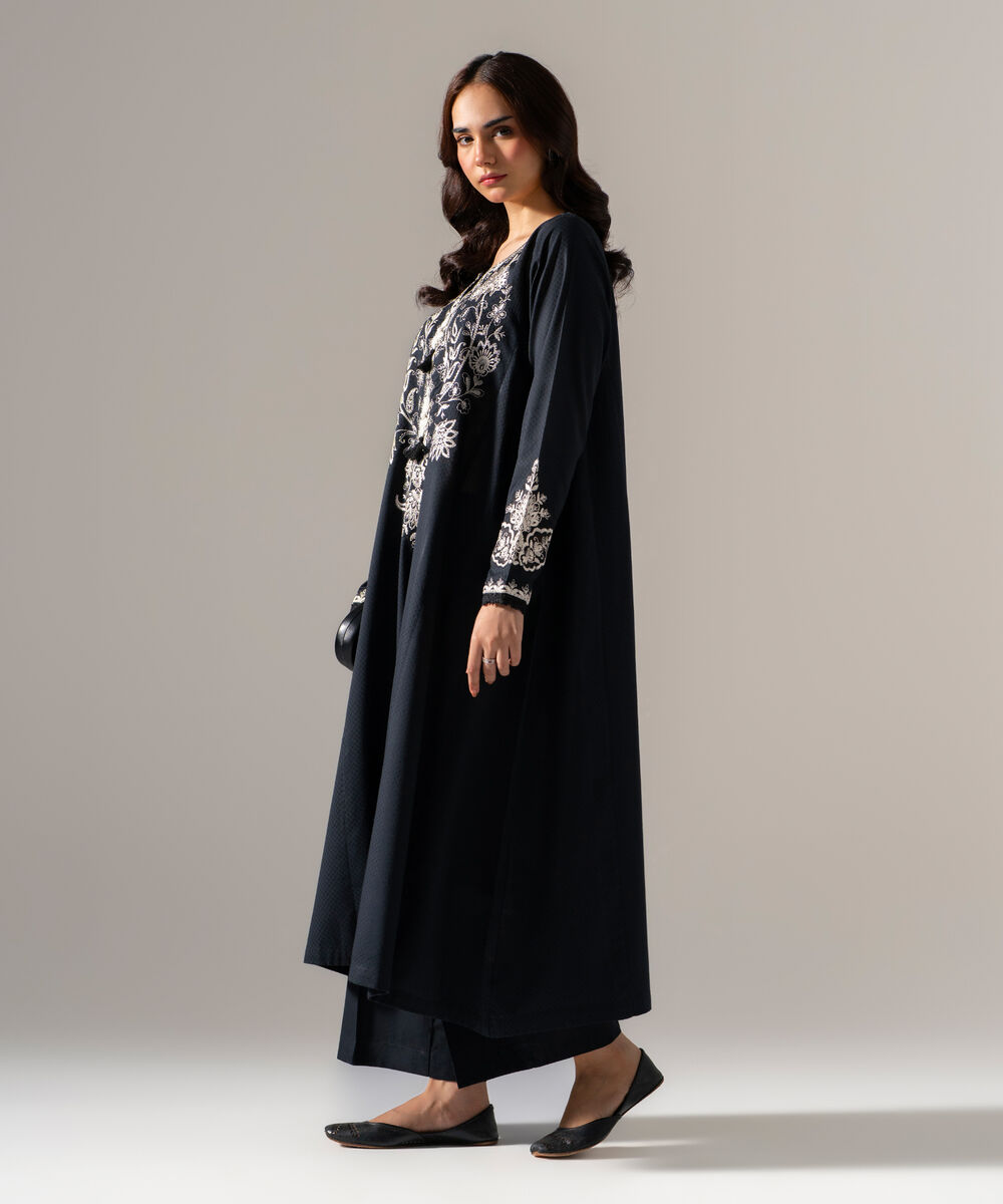 Women's RTW Dobby Solid Embroidered Black Flared A-Line