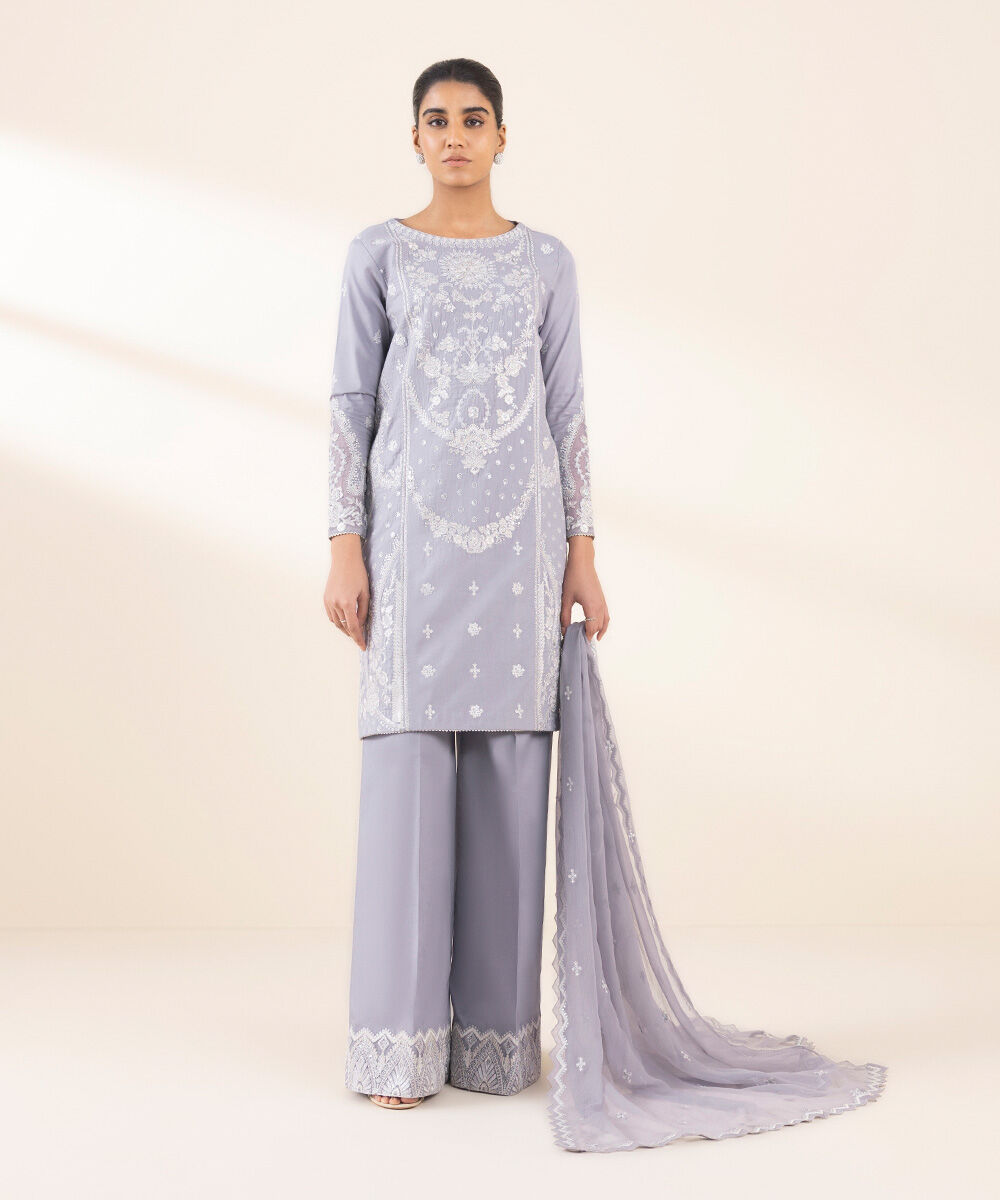 Womens Unstitched Embroidered Purple Three Piece Cotton Satin Suit