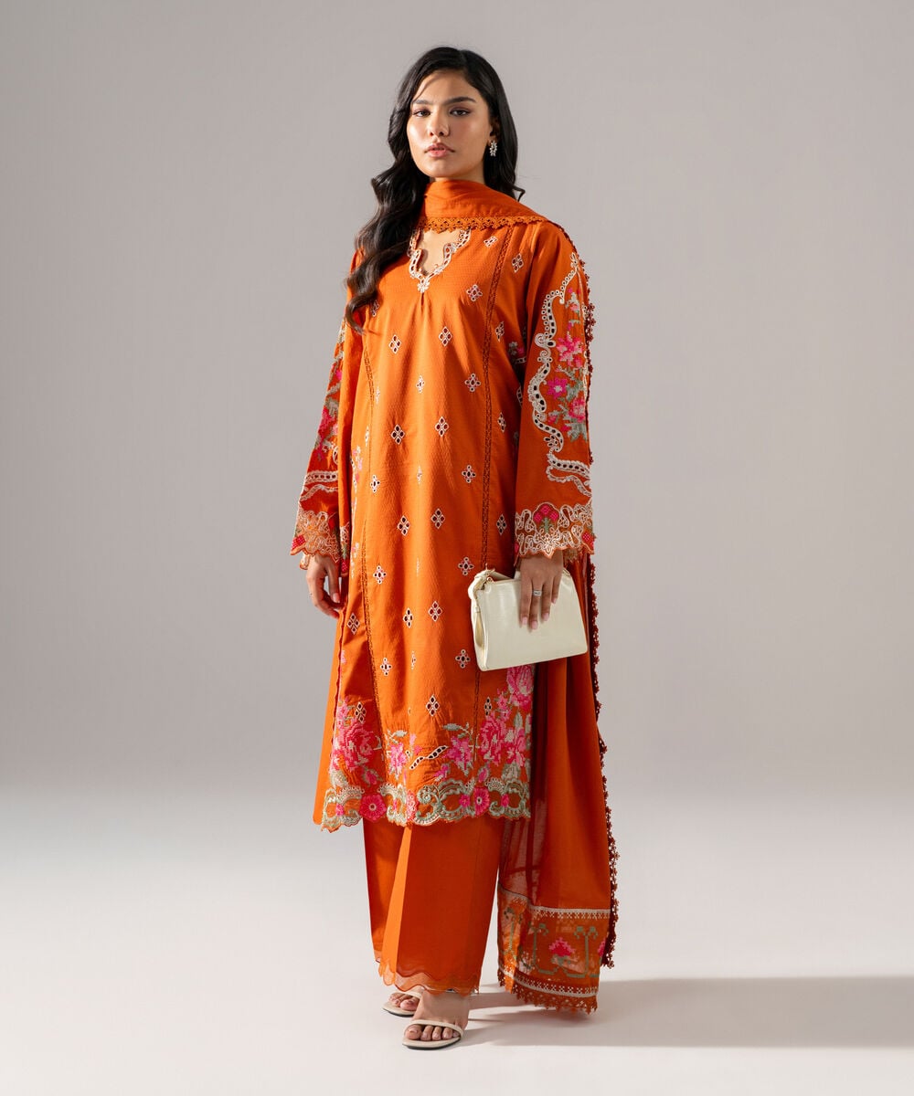 Women's RTW Dobby Embroidered Rust 3 Piece Suit