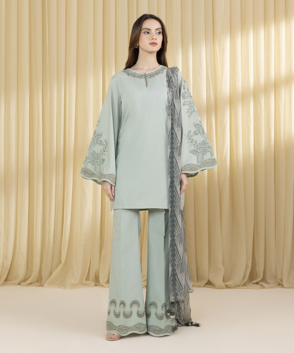 Unstitched Women's Green Dobby 3 Piece Suit