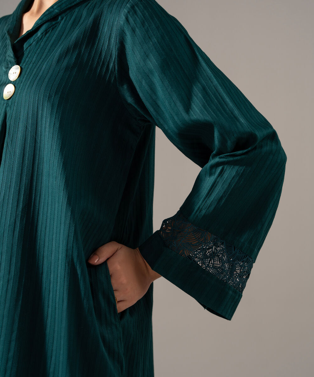 Women's RTW Dobby Strip Solid Teal 2 Piece Suit