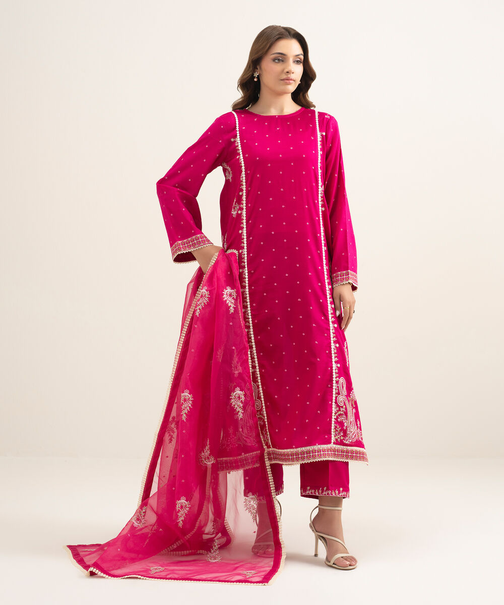 Women's RTW Dobby Embroidered Pink A-Line Shirt