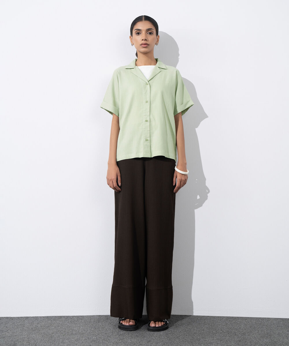 Women's Western Wear Green Regular Fit Seersucker Shirt