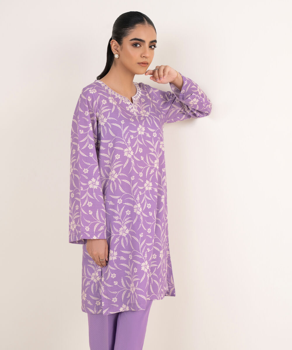 Women's RTW Textured Lawn Purple Embroidered A-Line Shirt