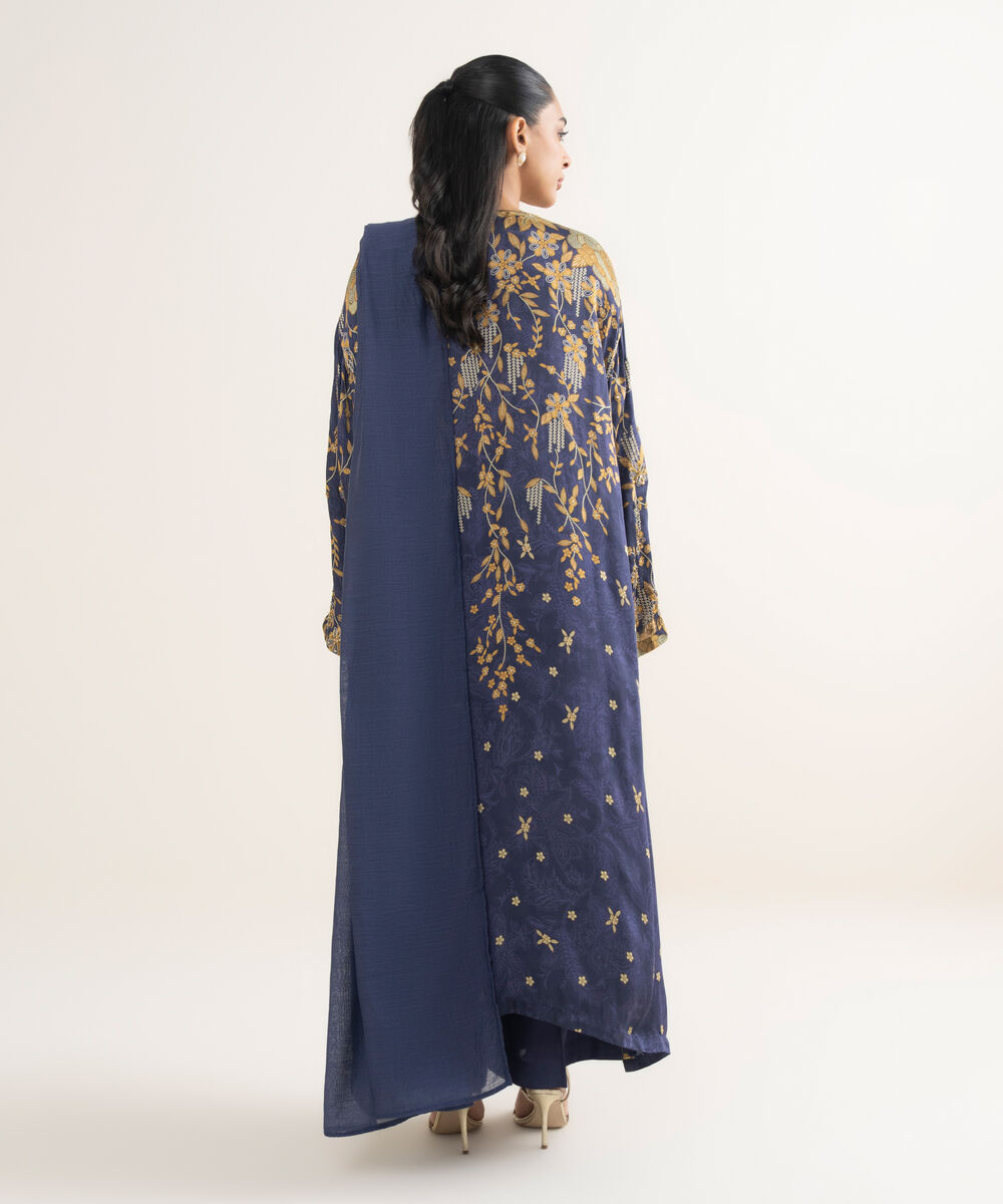 Women's RTW Blended Satin Embroidered Blue 3 Piece Suit