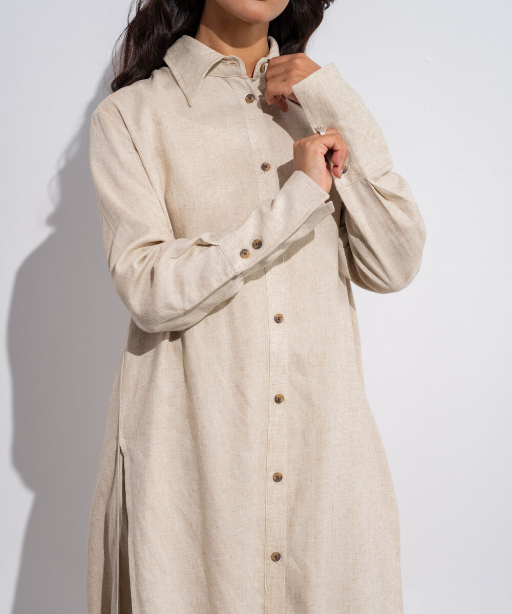 Women's Western Wear Beige Linen Blend Long Shirt