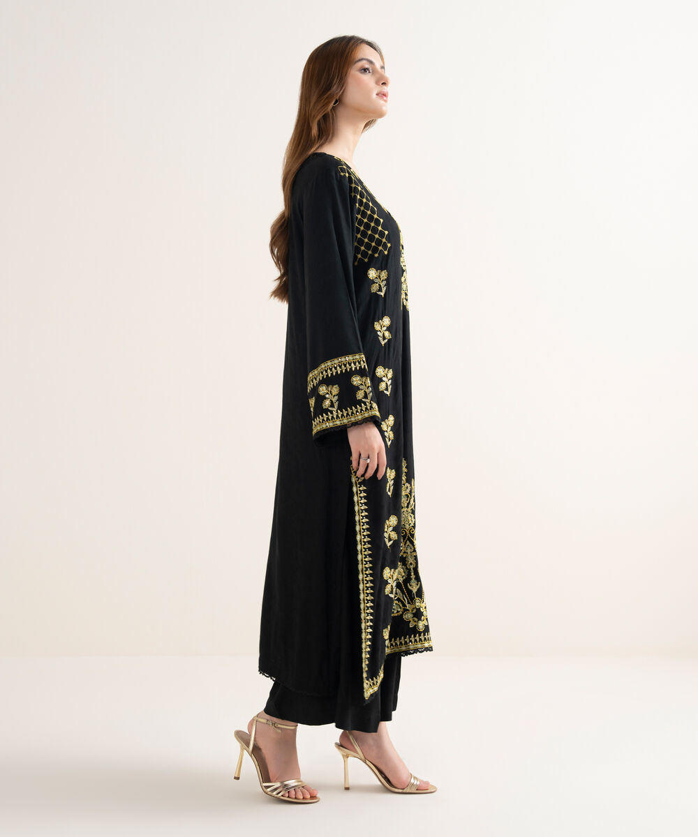 Women's RTW Textured Viscose Embroidered Straight Black Shirt